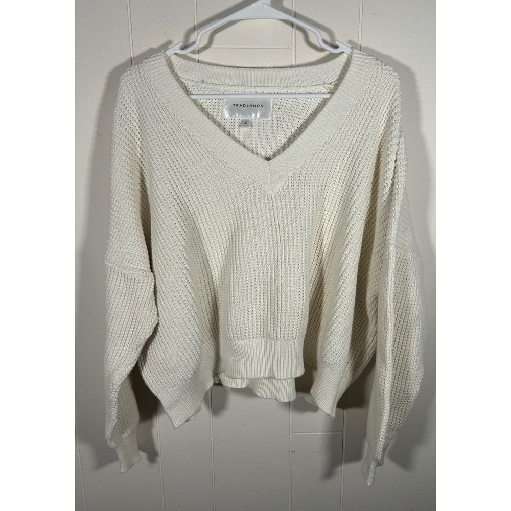 Tradlands Shelter Cotton V-Neck Sweater Cream White Waffle Knit Large RN155533